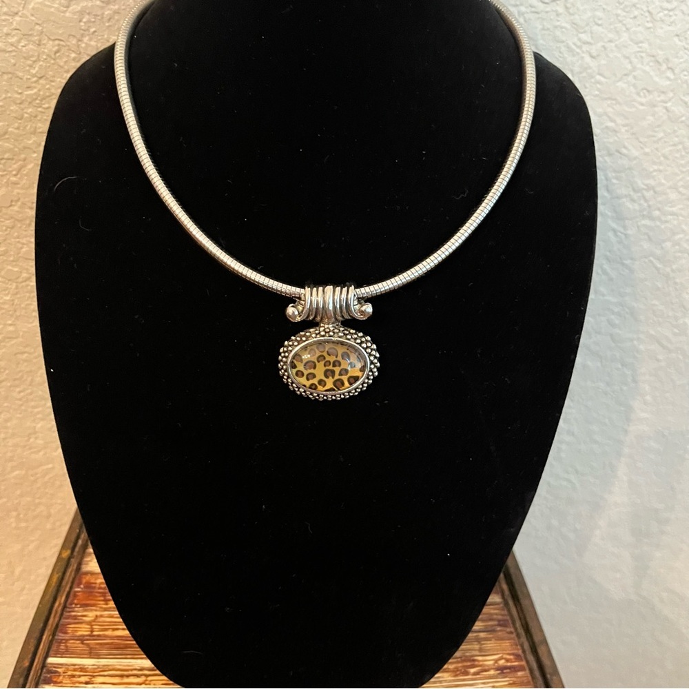 Vintage Silver snake chain choker necklace with Animal Print Pendant
